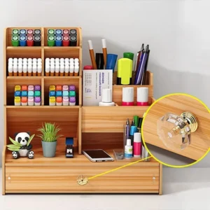 Wooden Desk Organiser DIY Desktop Tidy Pen Holder Large Capacity Stationery Storage Box with Drawer for Home Office and School 6