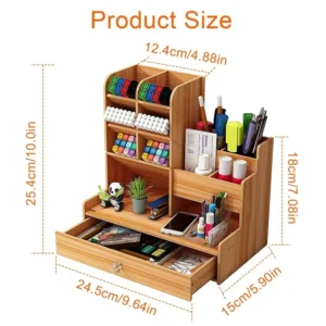 Wooden Desk Organiser DIY Desktop Tidy Pen Holder Large Capacity Stationery Storage Box with Drawer for Home Office and School 4
