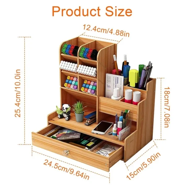 Wooden Desk Organiser DIY Desktop Tidy Pen Holder Large Capacity Stationery Storage Box with Drawer for Home Office and School 4