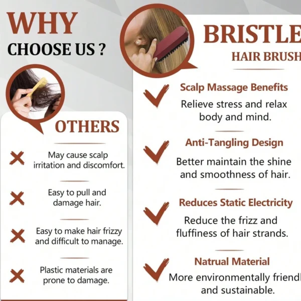 2pcs Premium Bristle Hairbrush with Wooden Handle-Reduces Frizz and Static- Scalp Massage Bristle Brush Set for All Hair Types 5