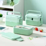Eco-friendly Green Lunch Box Bamboo Fiber Microwave Heating Portable Food Storage Container Green Bento Box School Picnic