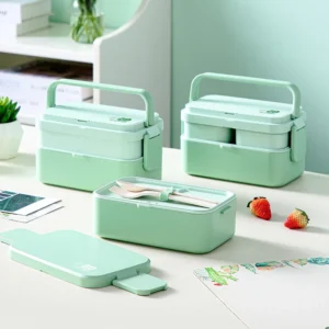 Eco-friendly Green Lunch Box Bamboo Fiber Microwave Heating Portable Food Storage Container Green Bento Box School Picnic