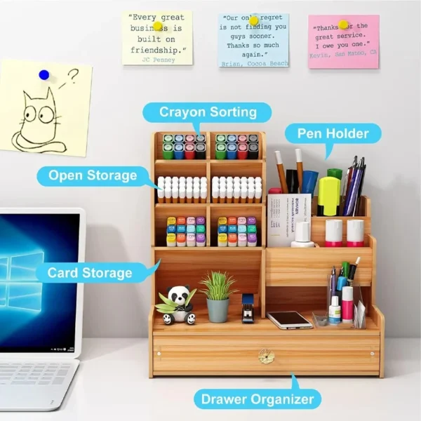 Wooden Desk Organiser DIY Desktop Tidy Pen Holder Large Capacity Stationery Storage Box with Drawer for Home Office and School 5