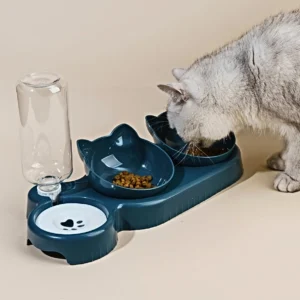 Pet Bowls With Water Feeder, 3 In 1 Ear Design Tilted Cat Water And Food Bowl Set With Gravity Water Bottle For Neck Protection 2