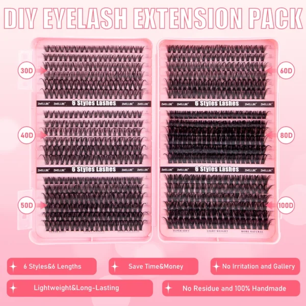 780pcs Clusters Kit 8-16mm Eyelash Extension With Individual Lash Bond and Seal, Eyelash Remover, Applicator, DIY at home Makeup 5