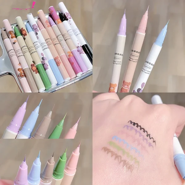 Cute Bear Liquid Eyeliner Lying Silkworm Eyelash Pen Matte White Pink Ultra-fine Color Eye Liner Pen Waterproof Eyes Makeup Pen 6