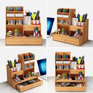 Wooden Desk Organiser DIY Desktop Tidy Pen Holder Large Capacity Stationery Storage Box with Drawer for Home Office and School 3
