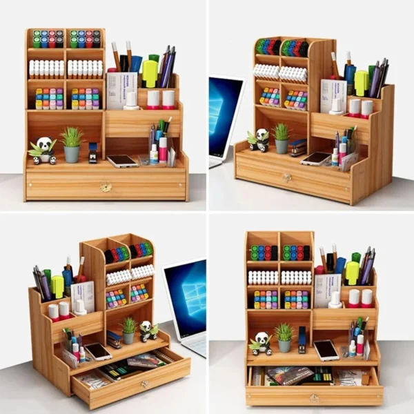 Wooden Desk Organiser DIY Desktop Tidy Pen Holder Large Capacity Stationery Storage Box with Drawer for Home Office and School 3
