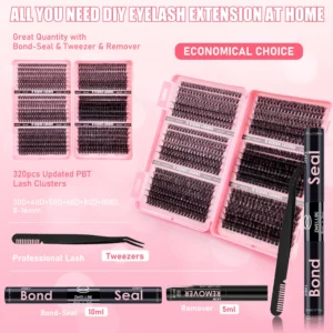 780pcs Clusters Kit 8-16mm Eyelash Extension With Individual Lash Bond and Seal, Eyelash Remover, Applicator, DIY at home Makeup 2