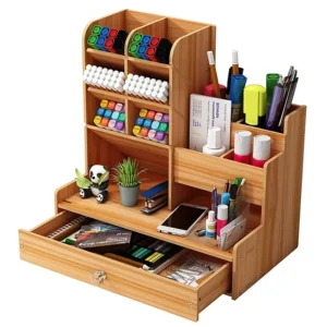 Wooden Desk Organiser DIY Desktop Tidy Pen Holder Large Capacity Stationery Storage Box with Drawer for Home Office and School 2
