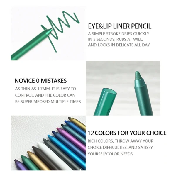 12 Colors Set Glitter & Shimmer Eyeliner Stick Pack - Long-Wearing Blue Tone Eyeliner Pencil with Smooth Application - Versatile 5