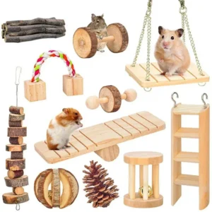 Natural Wood Chew Toys for Rodents Rabbit-Shaped Roller with Bell Guinea Pig/Rat Teeth Grinding & Play Activity
